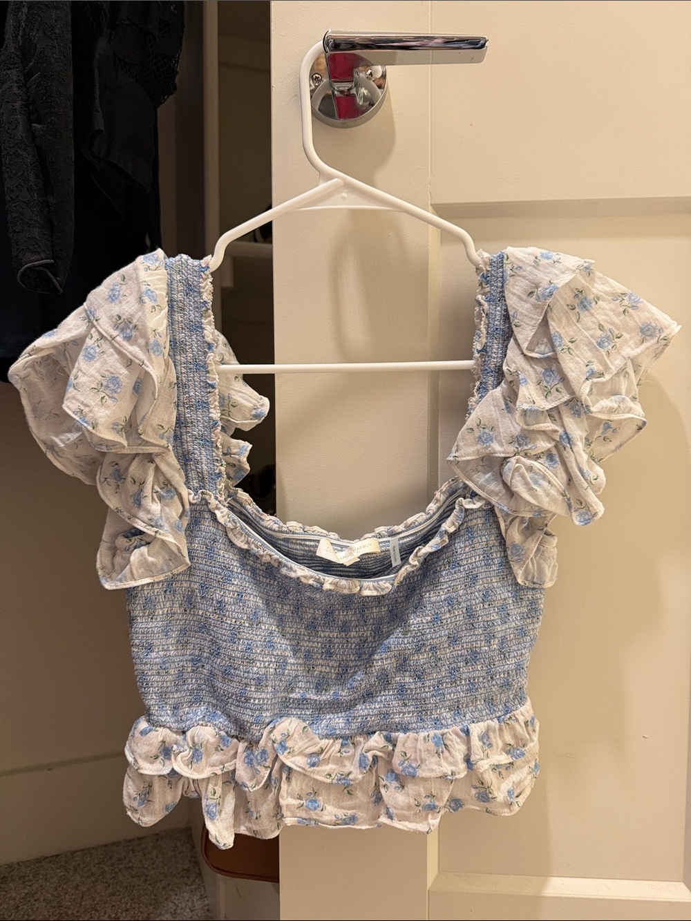 LoveShackFancy Blue & White Smocked Ruffle Crop Top